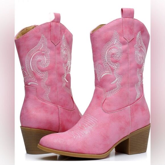Women's Mid Calf The Western Cowgirl Boots Chunky Low Heel - Picture 9 of 16